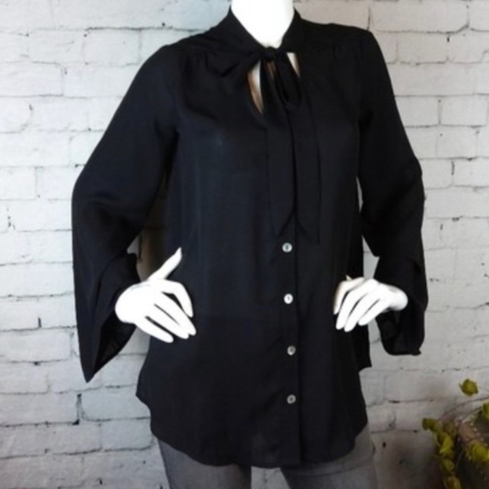 Show Me Your MuMu Black Blouse With Tie + Shell Buttons